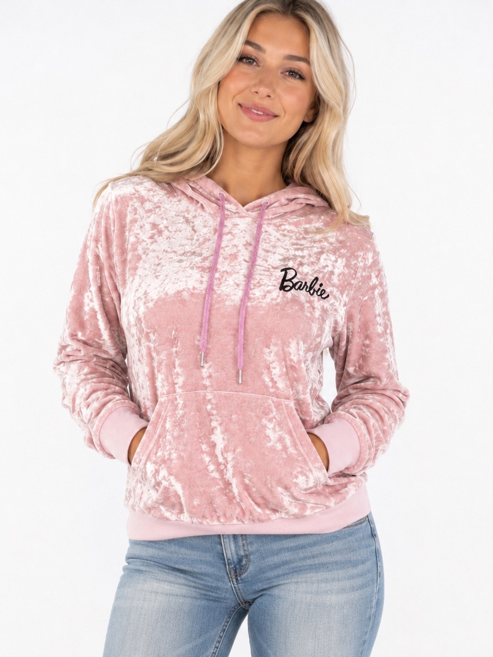Barbie  Pink Crushed Velvet Pullover Hoodie